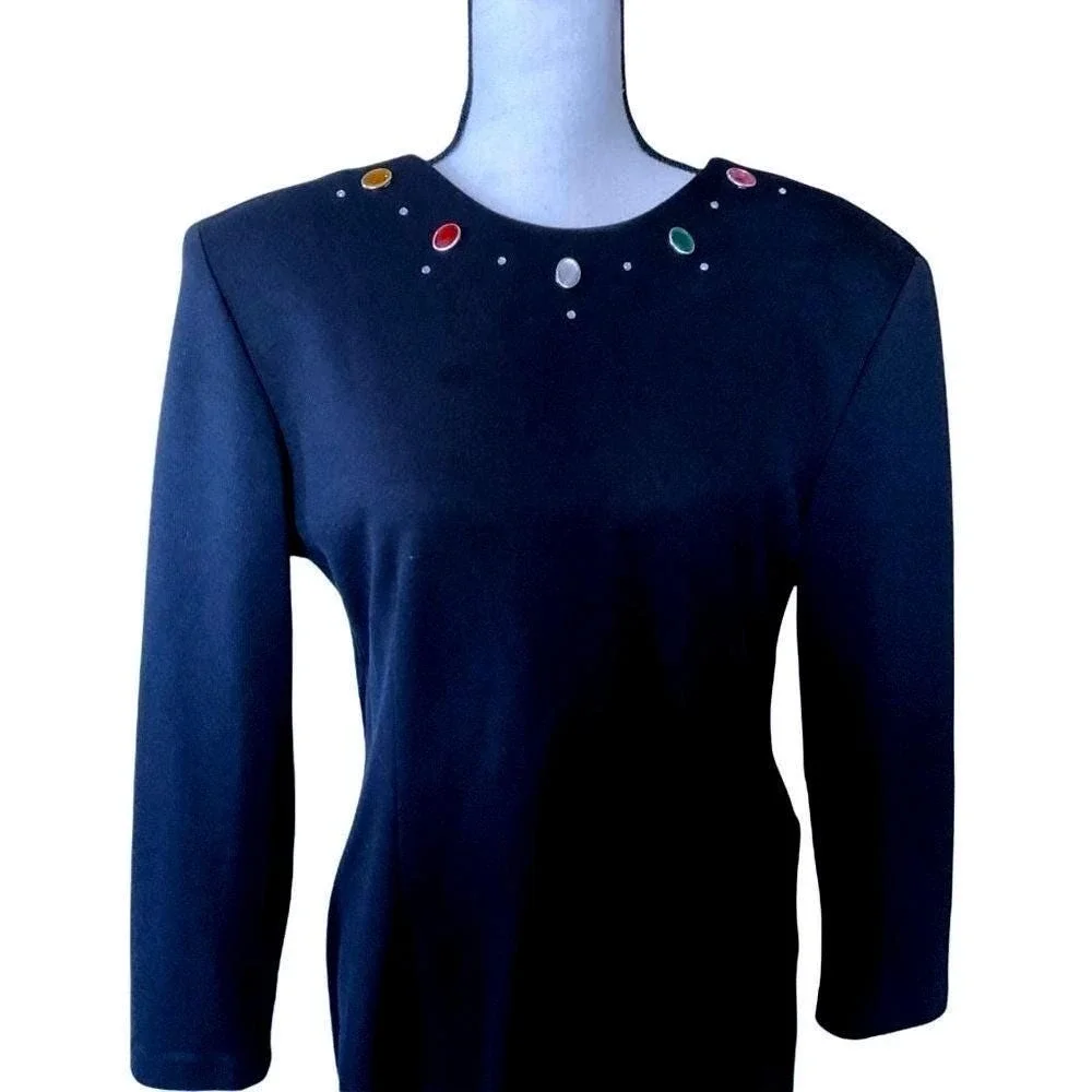 Vintage Black Long Sleeve Embellished‎ Neckline Dress Women Large Zipper Front - Picture 3 of 13